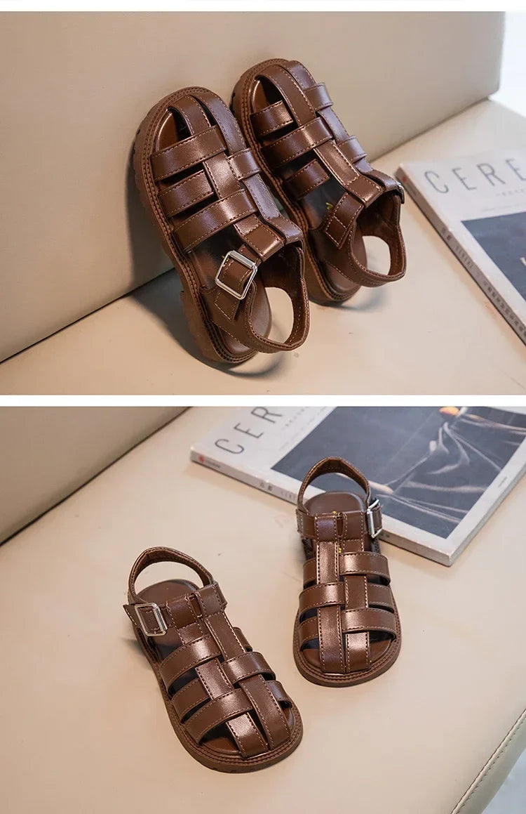 Children Hollow Out Shoes Boys Girls Roman Shoes British Style Non-slip Fashion Kids Toes Capped Shoes Peep Toe Solid Color