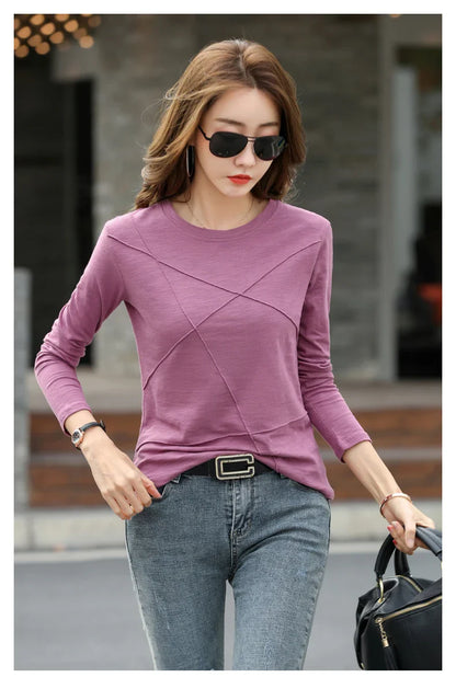 2026 Spring Long Sleeve Women O-Neck Bamboo Cotton T-Shirt Elegant Loose Ribbed Fashion Tee Shirt Ladies Simple Tops