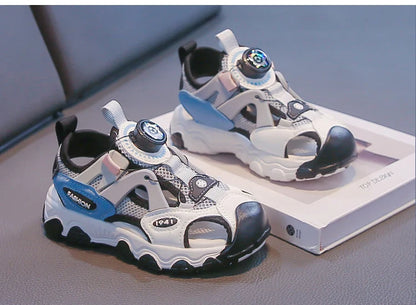 Kids Shoes Rotating Button Closed-Toe Boys Sandals Breathable Mesh Sport Shoes for Boys, Non-Slip Children Summer Sneakers