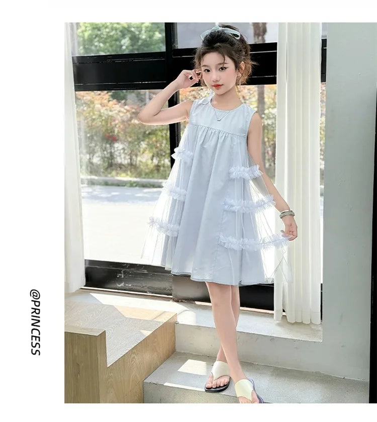 Cute blue lace sleeveless dress With Bag princess dress For 2-10 Yrs baby girls Children Clothes 6.1 Children's Day Clothing