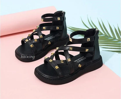 Summer New Kids Sandals Girls Princess Rivet Sandals Soft Children Beach Shoes Fashion Roman Sandals Size 21-36 Versatile