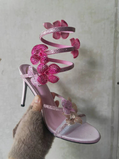 Luxury Designer Pink Flower Rhinestone High Heels Sandals Shoe Sexy Wrap Strap Open Toe Stripper Prom Party Ladies Shoes