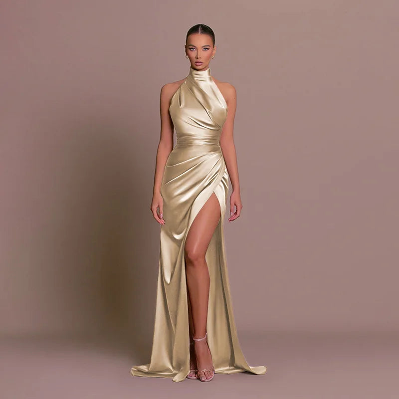 Womens Elegant Long Formal Evening Cocktail Party Dress Sexy High Split Ruched Bodycon Wedding Guest Bridemaid Maxi Dress