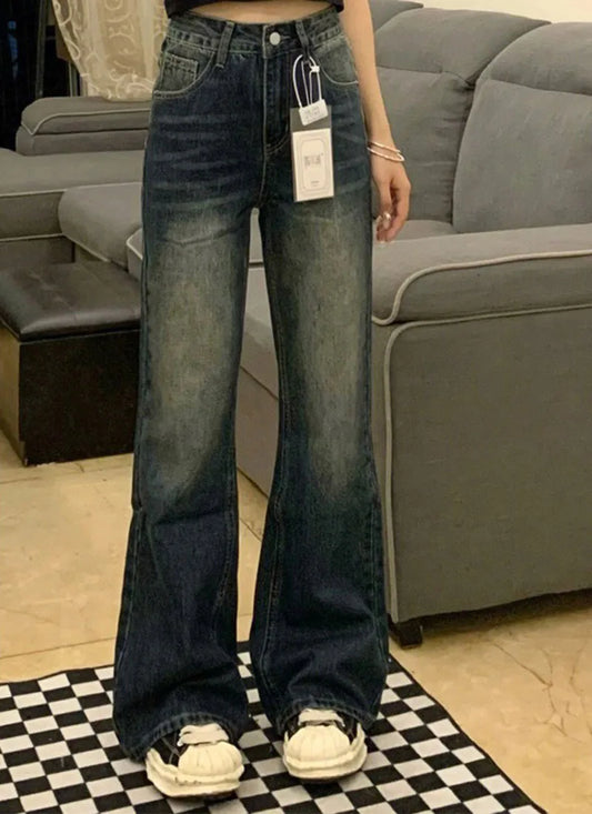 Y2K Retro Micro Denim Pants For Women Straight Fit Spring-autumn Style Pear-shaped Figure Large Size High Waist Slimming Effect
