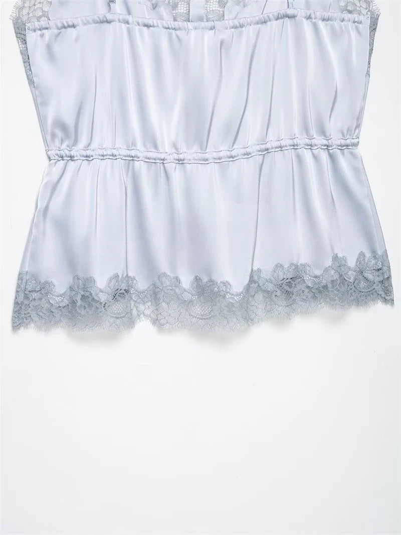 Women's Top 2026 New Spring Summer Lace Decoration Satin Textured Top for Women Chic Personality Female Spaghetti Strap Top