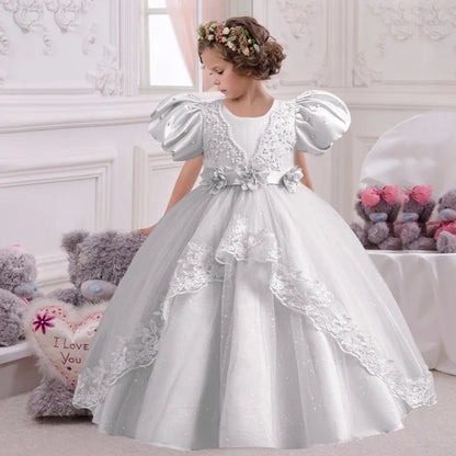 Girl's Pearl Bubble Sleeves Princess Dress 4-12 Years Old Fashionable Flower Lace Satin Dress Birthday Wedding Flower Girl Dress