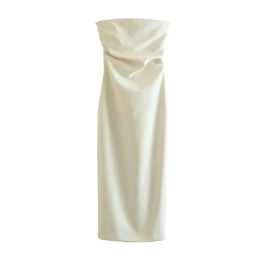 Women Fashion Strapless Gathered Midi Dress Sexy Straight Neck Back Slit Female Dresses Vestidos Mujer
