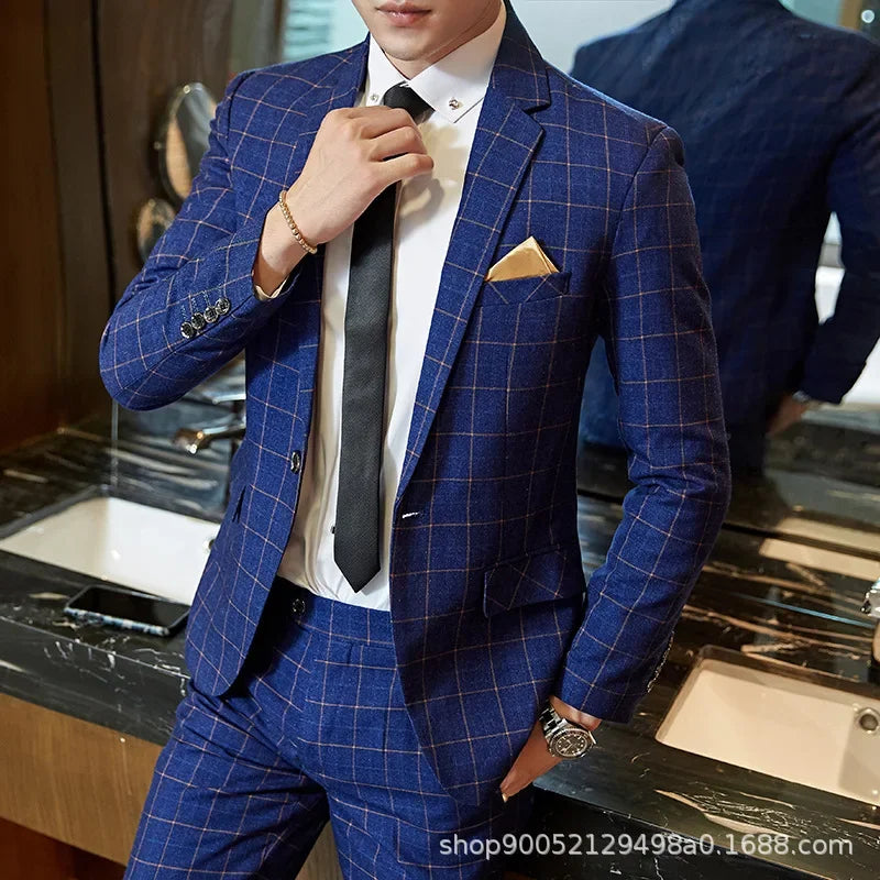 Men's Slim Fit Plaid Wedding Suit Jacket Korean Style Business Casual Single-breasted Suit with Set Wedding Groomsmen Wear