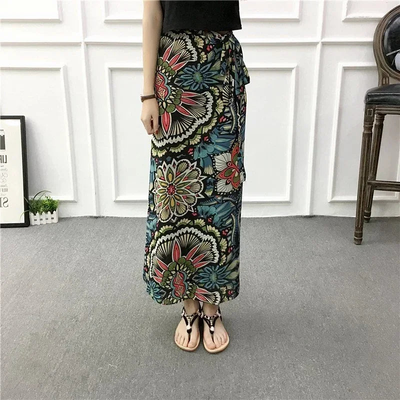 2025 New Women's One-Piece Floral Print Skirt High Waist Wrap Chiffon Beach Dress with Tie Waist Summer Vacation Boho Style