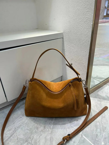 Genuine Leather Fashion Autumn Winter Boston Tote Soft Matte Suede Cow Leather Women's Handbag Shoulder Crossbody Bag For Women