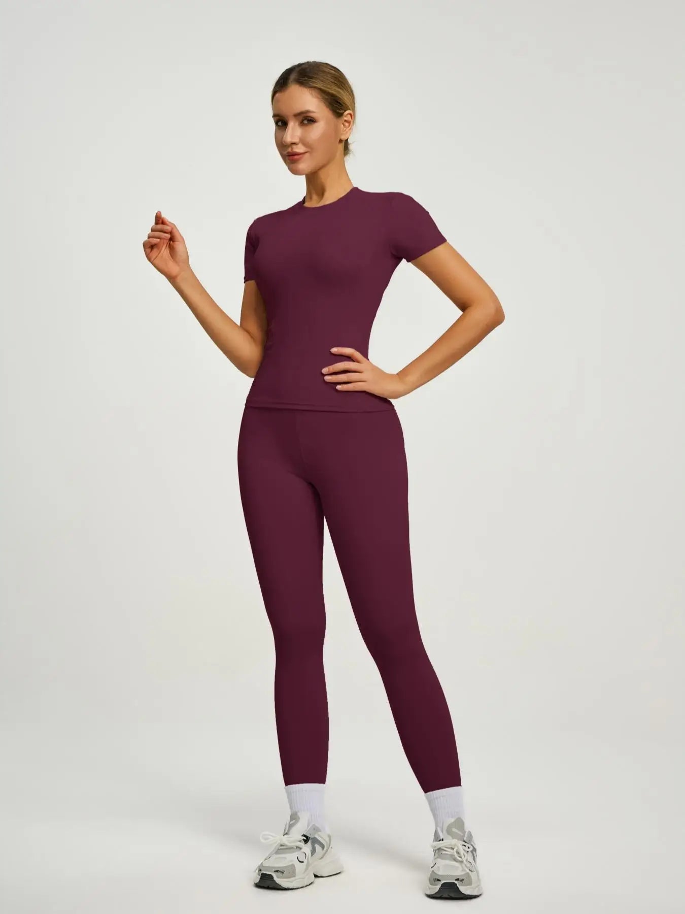 Women's Short Sleeve Sporty Set, High Waist Yoga Pants & T-Shirt Combo, Ideal for Fitness Gym Sculpting Workout