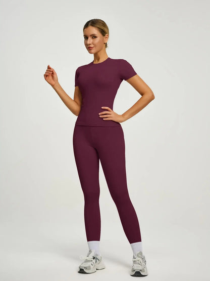 Women's Short Sleeve Sporty Set, High Waist Yoga Pants & T-Shirt Combo, Ideal for Fitness Gym Sculpting Workout