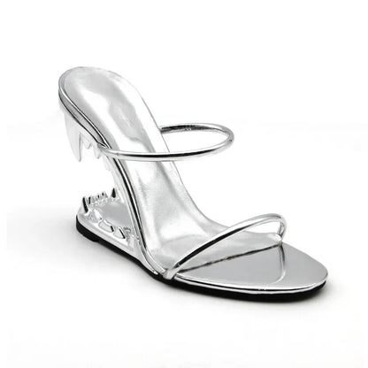 Big Gold Chain Peep Toe Tiger Teeth Heel Sandals 2024 New Fashion Silvery Beach Party Outdoors Women's Slippers Size 35-43