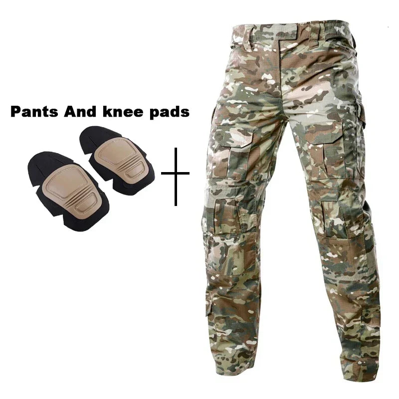 Outdoor Tactical Uniform Military Camo Hiking Training Shirts Workwear Cargo Pants+Pads Airsoft Paintball Hunting Clothes Sets