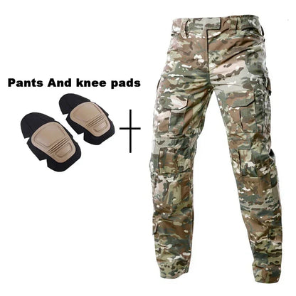 Outdoor Tactical Uniform Military Camo Hiking Training Shirts Workwear Cargo Pants+Pads Airsoft Paintball Hunting Clothes Sets