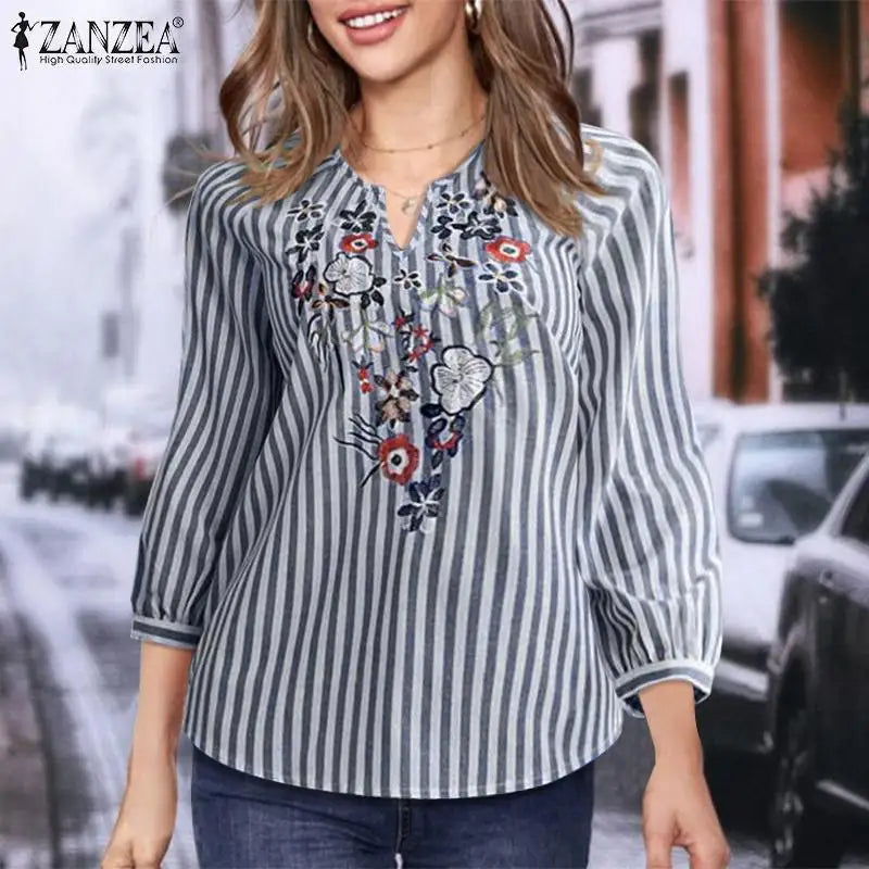 Fashion V Neck 3/4 Sleeve Embroidery Floral Blouse Women Summer Bohemian Striped Tops Casual Holiday Shirt Work Blusas