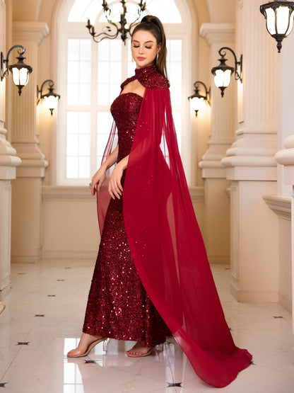 Elegant Women Detachable Shawl Strapless Evening Prom Dresses Sequins Sleeveless Birthday Wedding Party Dress Summer