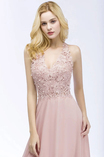 Dusty Pink Halter V-neck Lace Pearls Wedding Evening Dresses Long Dress Hollow Out Chiffon Elegant Party Dresses For Women 2024