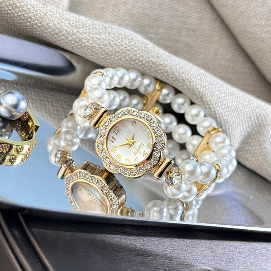 New Elegant Pearl Diamond-Encrusted Elastic Band Watch Vintage Luxury Bracelet Style Convenient for Ladies Quartz Wristwatch