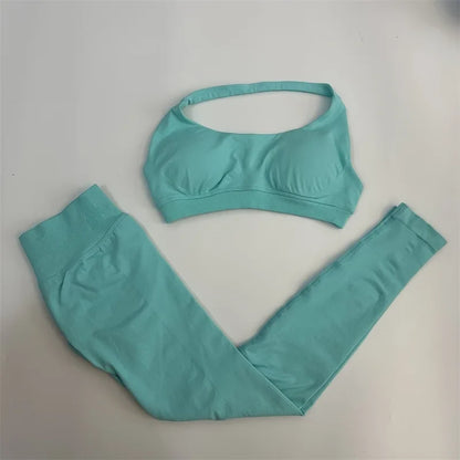Yoga Legging Sets for Women Seamless Yoga Set Scrunch Butt Legging Set Workout Gym Suit with Halter Crop Top