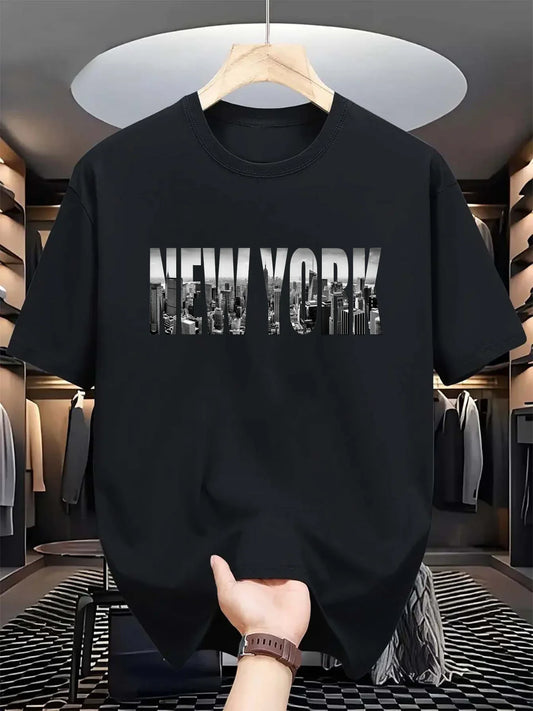 Summer men's 100% pure cotton casual loose plus size New York City printed sports comfortable round neck short sleeved T-shirt