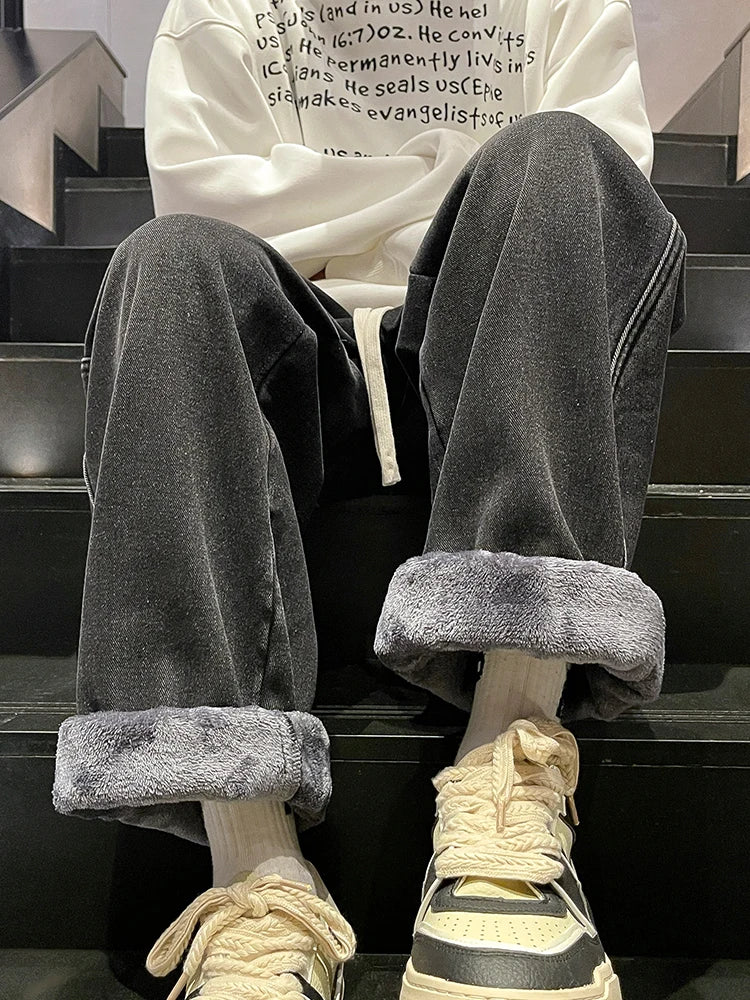 Calça Jeans Masculina de Inverno Coreana Forrada com Lã Grossa Quente Reta Denim Lavado Algodão Azul Retrô Larga Pantalona