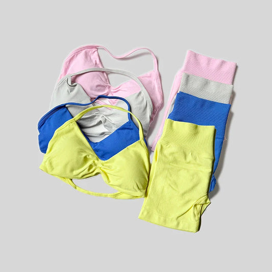 Yoga Set Fitness Gym Women Solid High Waist Peach Short Legging Halter Neck Sport Bra Athletic Gym Suit