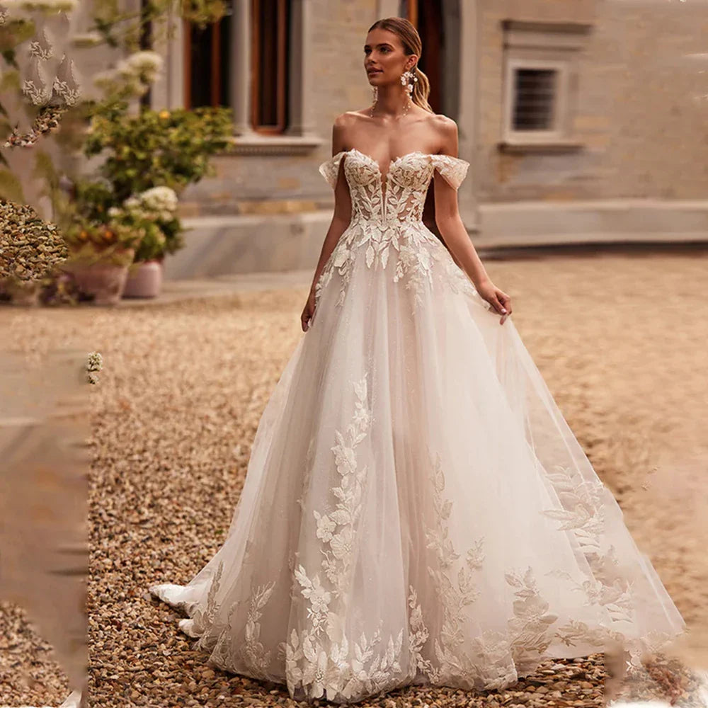 Charming Off The Shoulder 3D Flower Lace Applique A Line Wedding Dresses Custom Made 2025 Rode De Morrie
