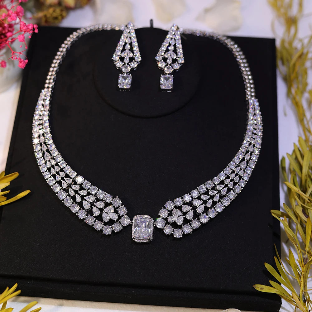 Chic Brilhante Grande Quadrado Luz Branca CZ Cristal Feminino Festa Casamento Colar e Brincos Conjuntos de Joias da Moda para Noivas Z019