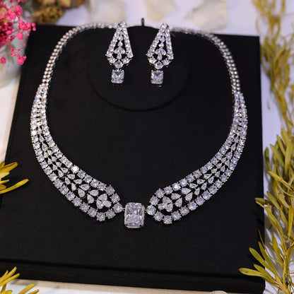 Chic Brilhante Grande Quadrado Luz Branca CZ Cristal Feminino Festa Casamento Colar e Brincos Conjuntos de Joias da Moda para Noivas Z019
