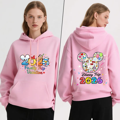 Cute 2026 Family Travel Print Hooded Fleece-Lined Warm Winter Pullover Sweatshirt Casual Jacket Autumn Sweatshirt
