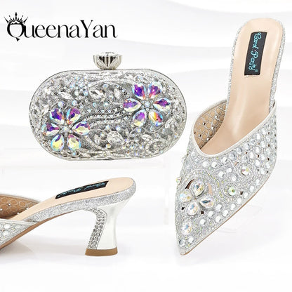 Luxury Pink Rhinestone Party Shoes and Clutch for Women- Elegant Crystal Heels with Matching Evening Bag