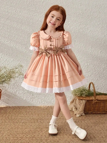 Little Girl's Romantic and Elegant Ladylike Apricot Princess-Style Dress, Decorated with Bows, Stylish Puff Sleeves, Suitable for Birthday Parties, Holiday Events, and Photography. Suitable for Little Girls Aged 4-7, f