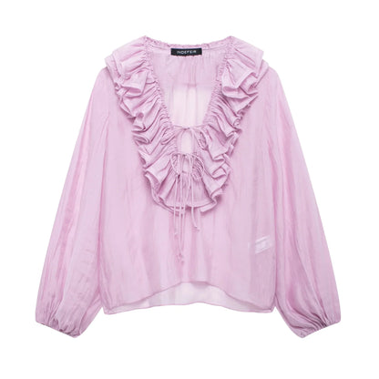Elegant Women's Retro V-neck Ruffle Trim Long Sleeve Shirt 2025 Summer Casual Top Women's Fashion Translucent Thin Shirt