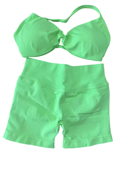 Impact Womens 2 Piece Yoga Set Strappy Seamless Sports Bra and High Waist Scrunch Shorts for Gym Workout and Fitness Training