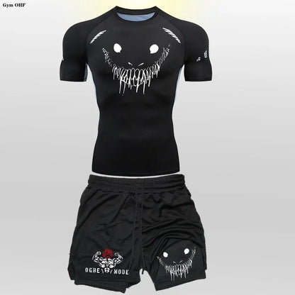 Funny Face 2 in 1 Shorts T Shirt Suits Men's Fitness Breathable Second Skin Compression Shirts Sets Gym Double Deck Shorts