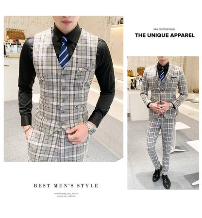 ( Jackets + Vest + Pants ) New Fashion Boutique Plaid Mens Casual Business Suit Groom Wedding Dress Suit 3pces Set Male Blazer