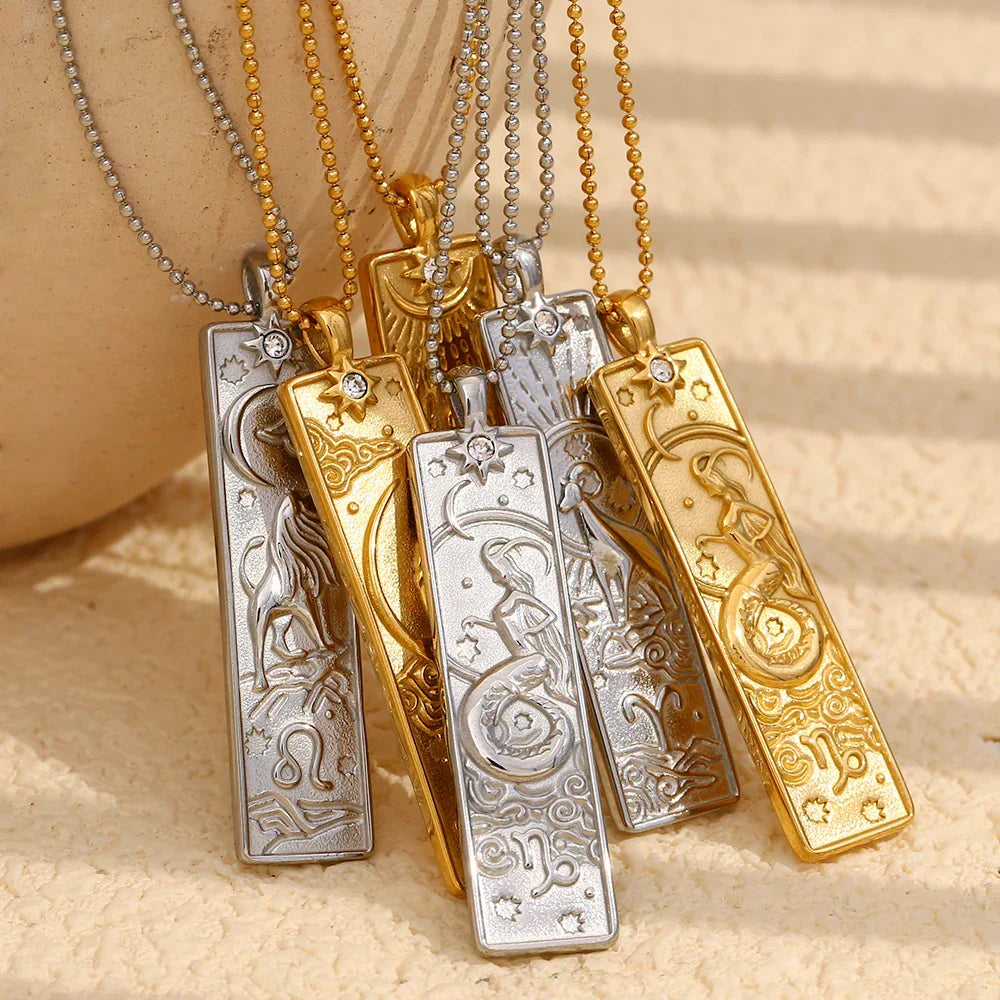 18k Gold Plated Rectangle Shape 12 Constellation Pendant Necklace Stainless Steel Waterproof Fashion Women's Jewelry