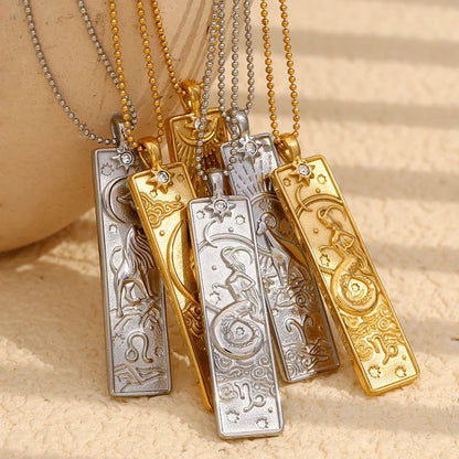 18k Gold Plated Rectangle Shape 12 Constellation Pendant Necklace Stainless Steel Waterproof Fashion Women's Jewelry