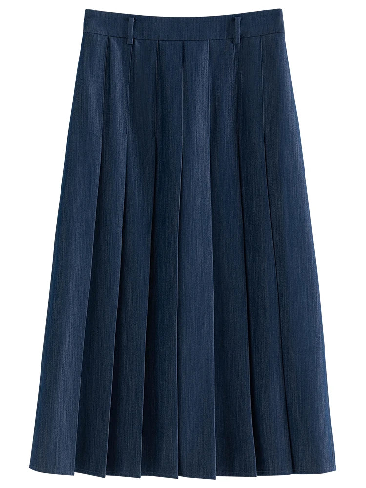 2025 New Arrival Women Zipper Waist Office Lady Elegant Grey Skirt Pleated Design Navy Blue Color Long Skirt Daily Outfits