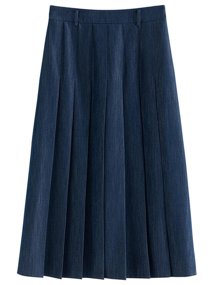 2025 New Arrival Women Zipper Waist Office Lady Elegant Grey Skirt Pleated Design Navy Blue Color Long Skirt Daily Outfits