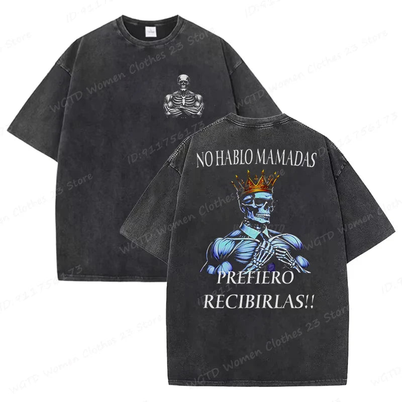 Calacas Chidas Gym Washed T-Shirts Men's Trendy Cool Skeleton & Gym Print Oversized Tshirt Summer Tees Streetwear Casual Tops