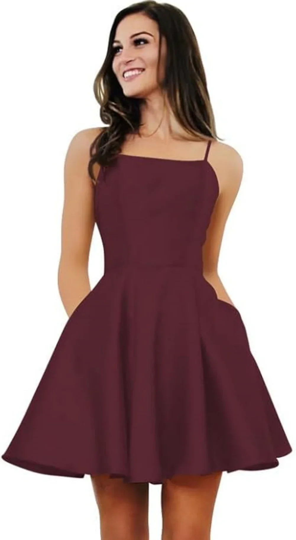 Short Homecoming Dresses for Teens With Pockets Spaghetti Straps Satin Prom Dress for Women A-line Knee Length Party Dress