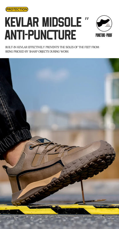 New Safety Men Work Sneakers Anti-smash Indestructible Shoes Steel Toe Protective Boots Anti-puncture Brown Work Safety Shoes