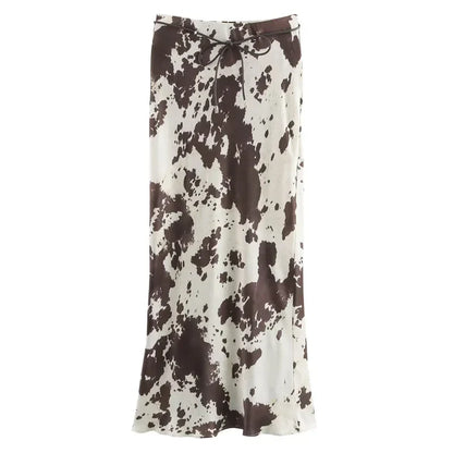 Woman 2025 Skirts Vintage Print Long Skirts For Women Tie Dye Summer Satin Skirt Belt High Waist Elegant Women's Skirts