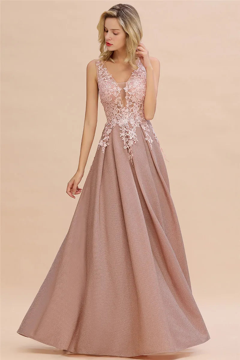 Dusty Pink Bridesmaid Dresses Appliques Lace V Neck Illusion Blue Burgundy Silver For Bride Wedding Party Prom Gowns Vestidos