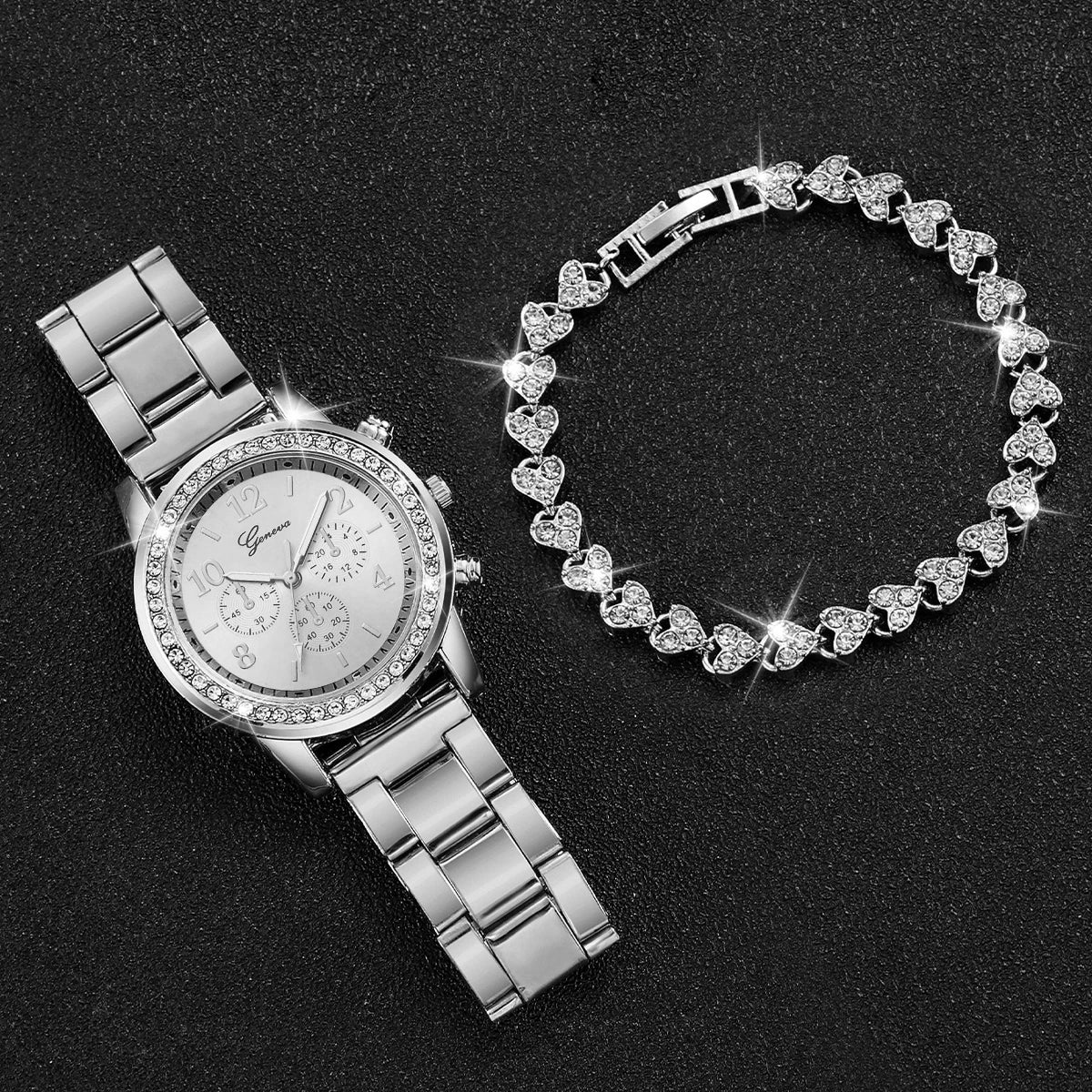 2PCS Women's Watch Fashion Rhinestone Ladies Analog Quartz Watches Bracelet Set Reloj Mujer Girls Clock Gift