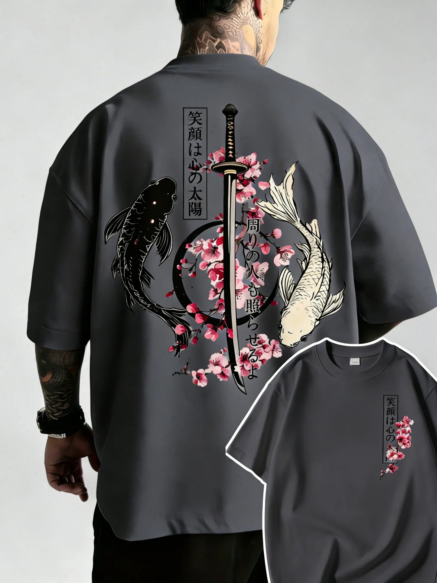 Summer Hot Japanese Yin Yang Koi Fish & Samurai Sword Pattern Cotton Men’s T-Shirt Short Sleeve Tees Casual Oversized Unisex Top