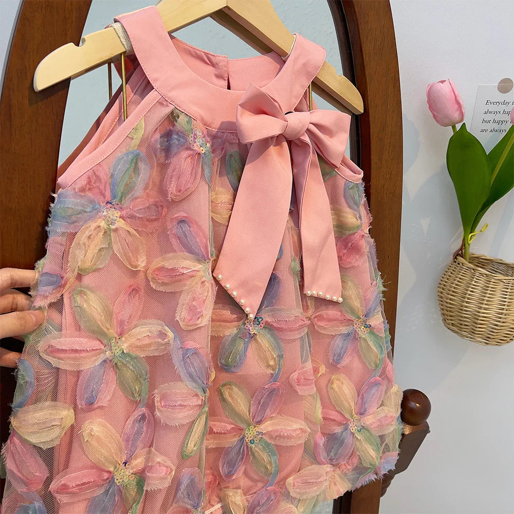 Bear Leader Girl Dress 2025 Summer New Girl Dress Princess Dress Little Girl Fashion Colorful Flower Yarn Dresses Kid Clothes