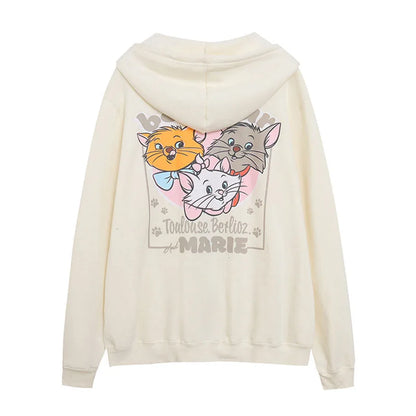 Cute Marie Cat Fleece Hooded Sweatshirt Winnie the Pooh Embroidery Zip Up Hoodies Jacket Women Casual Cartoon Jumper Top
